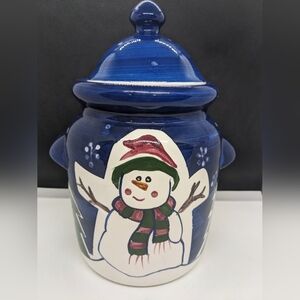 Festive Snowman Holiday Cookie Jar - Blue and White